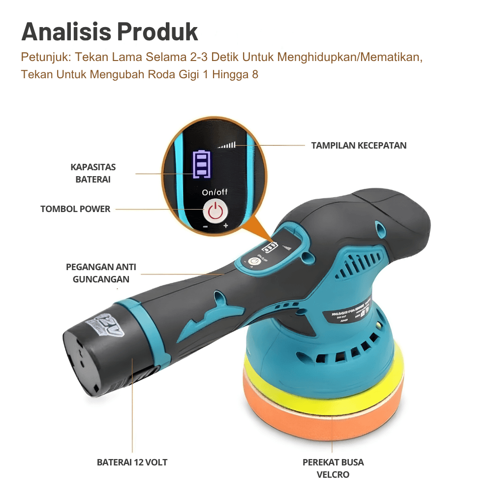 Mesin Poles Mobil Baterai 5 Inch Cordless 12V 8 Speed Set 2 Baterai - Gambar 4