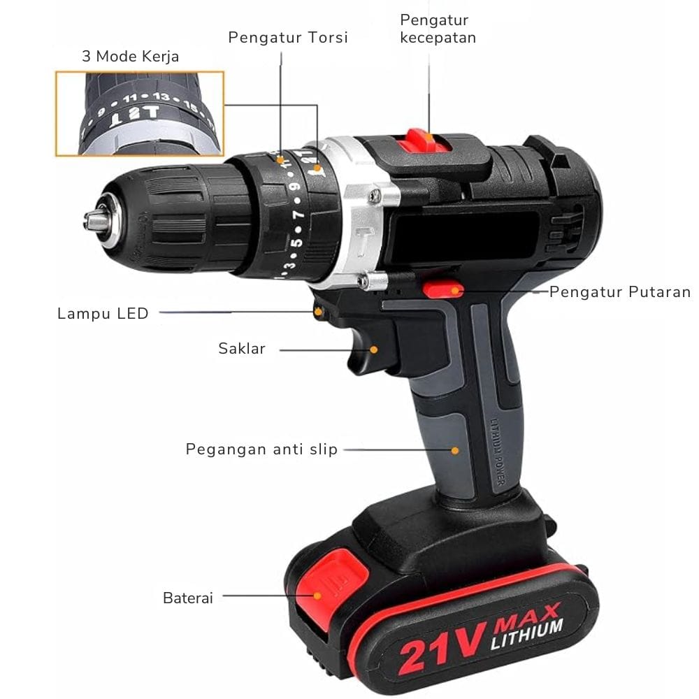 Mesin Bor Baterai 21V Cordless Drill Portable Dual Speed Bor Cas Baterai Tangan Listrik Set Lengkap - Gambar 3
