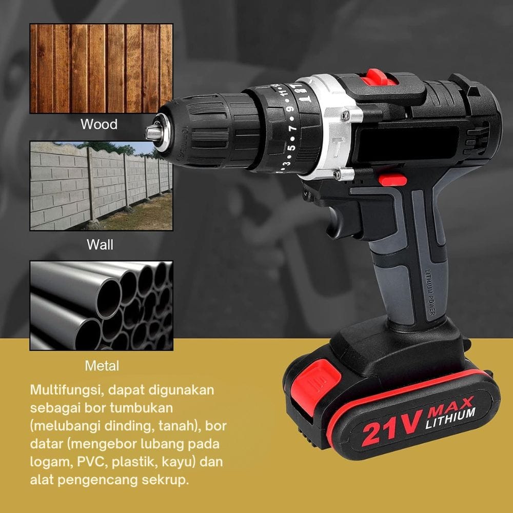 Mesin Bor Baterai 21V Cordless Drill Portable Dual Speed Bor Cas Baterai Tangan Listrik Set Lengkap - Gambar 4