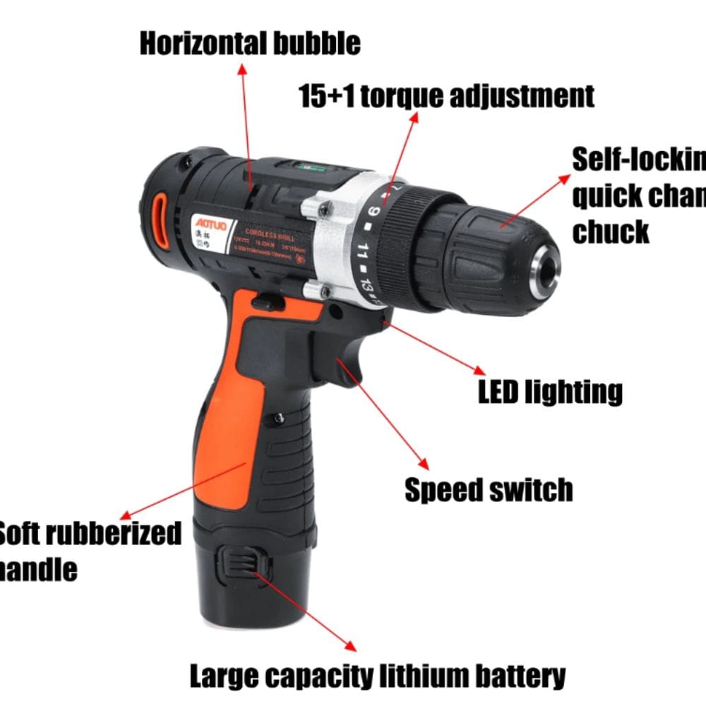 Mesin Bor Listrik Cordless Drill Aotuo 12V Portable Set 2 Baterai - Gambar 3