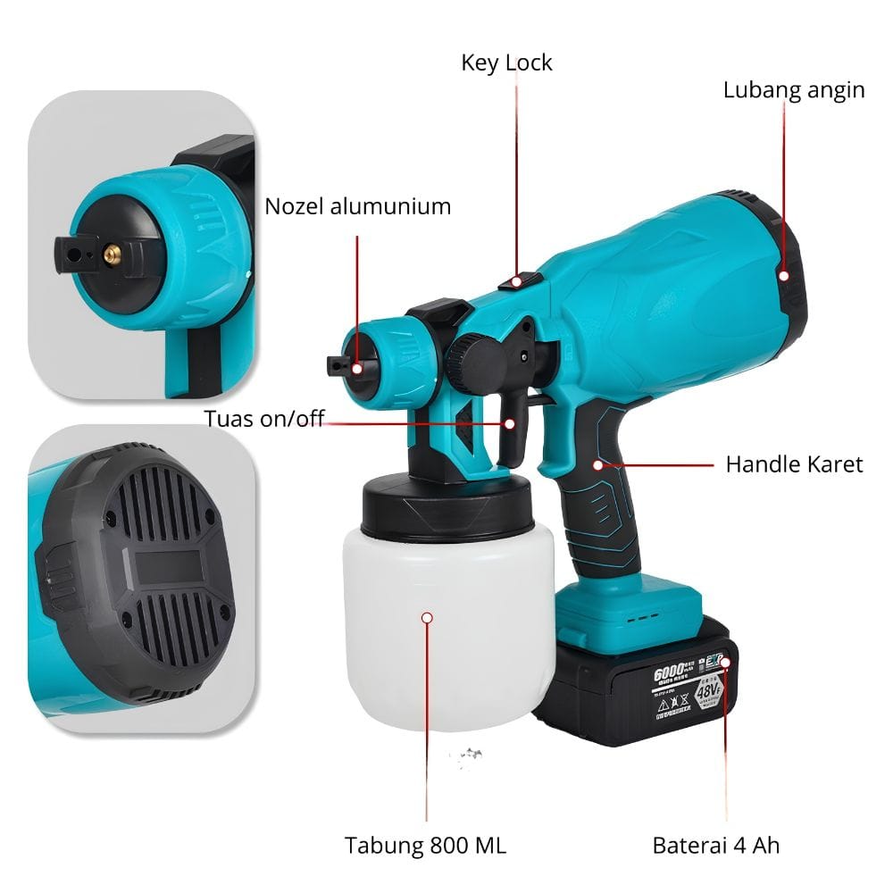Mesin Semprot Cat Baterai Cordless 800W 21V Set 2 Baterai Tabung Cat 800ml - Gambar 2