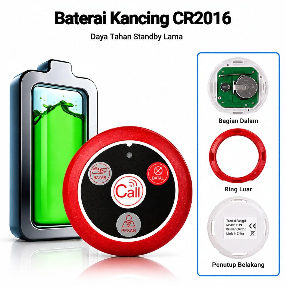 Tombol Bel Meja Calling System 433 MHz (Merah) - Gambar 3