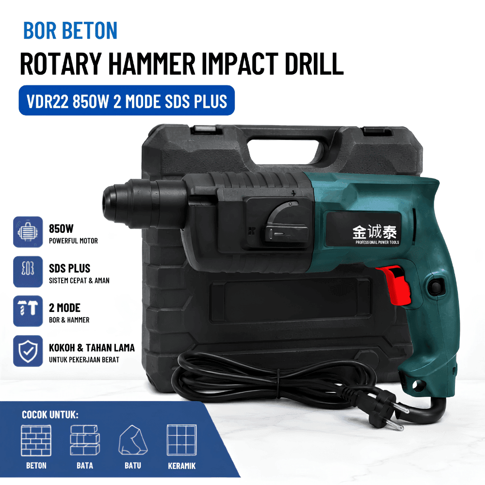 Bor Beton Rotary Hammer Impact Drill 500 Watt SDS Plus 2 Mode Mesin Bobok Tembok Cor 26mm - Gambar 3
