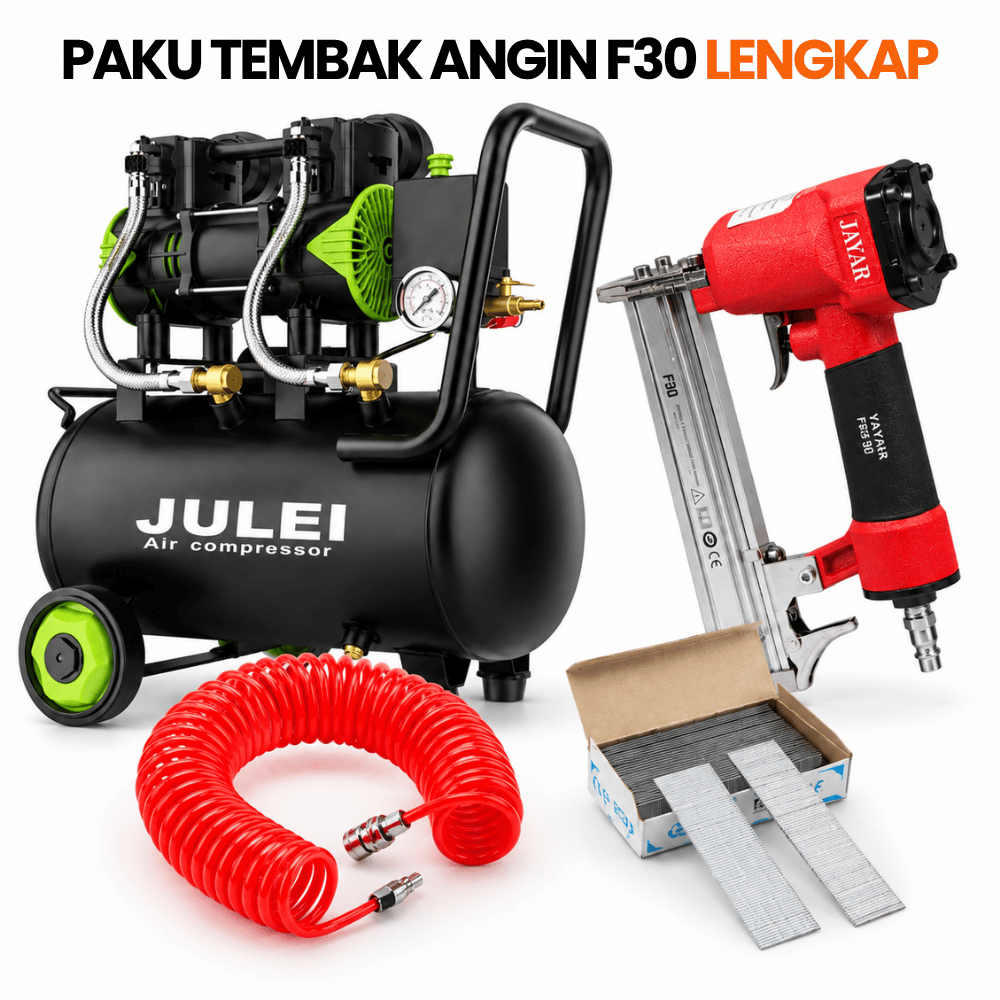 Kompresor Angin 30L Nail Gun F30 Lengkap Selang Spiral 12m & Paku F30 (Paket Pertukangan Kayu)