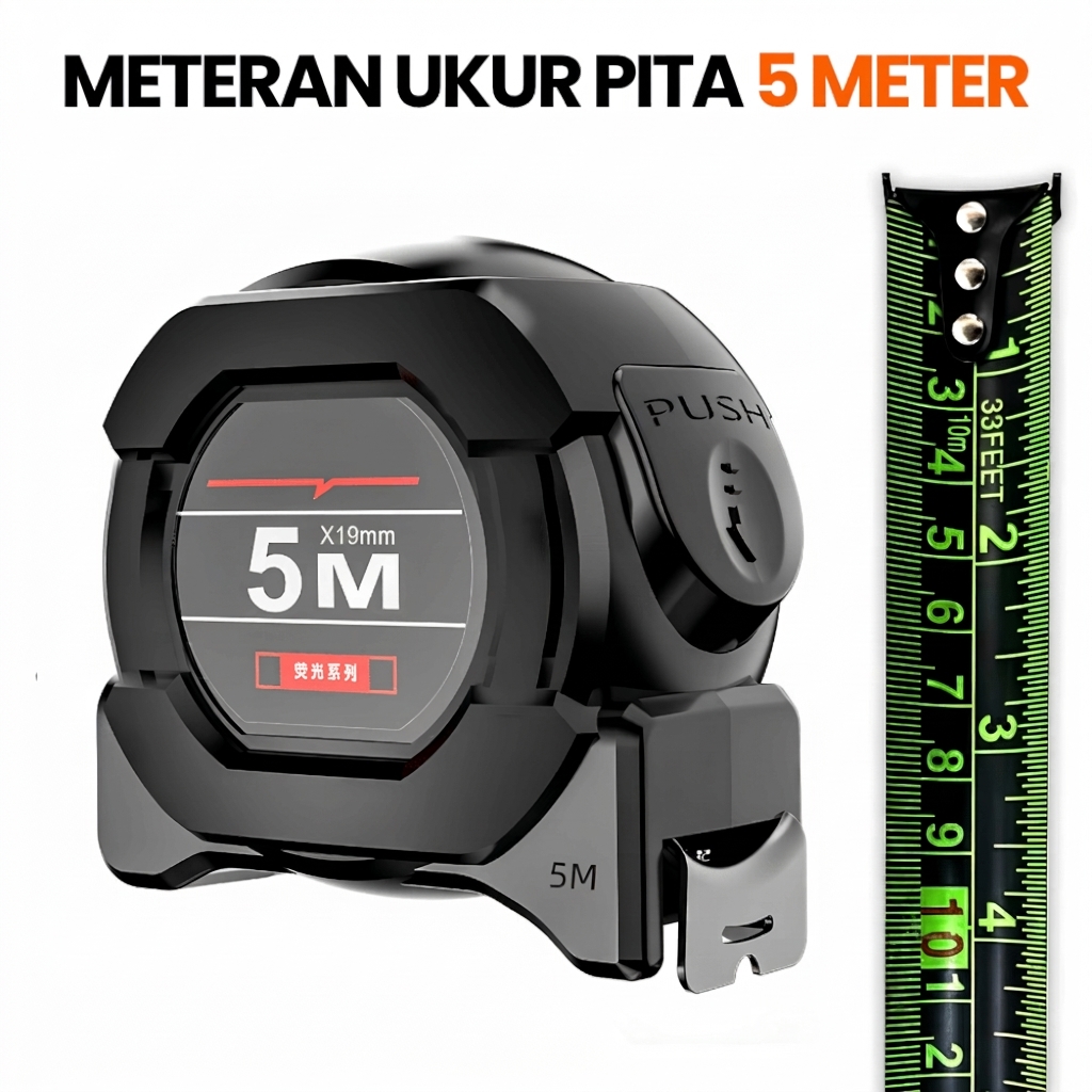 Meteran Ukur 5 Meter Pita Baja Hitam Pengunci Otomatis Auto Lock Meteran Tukang