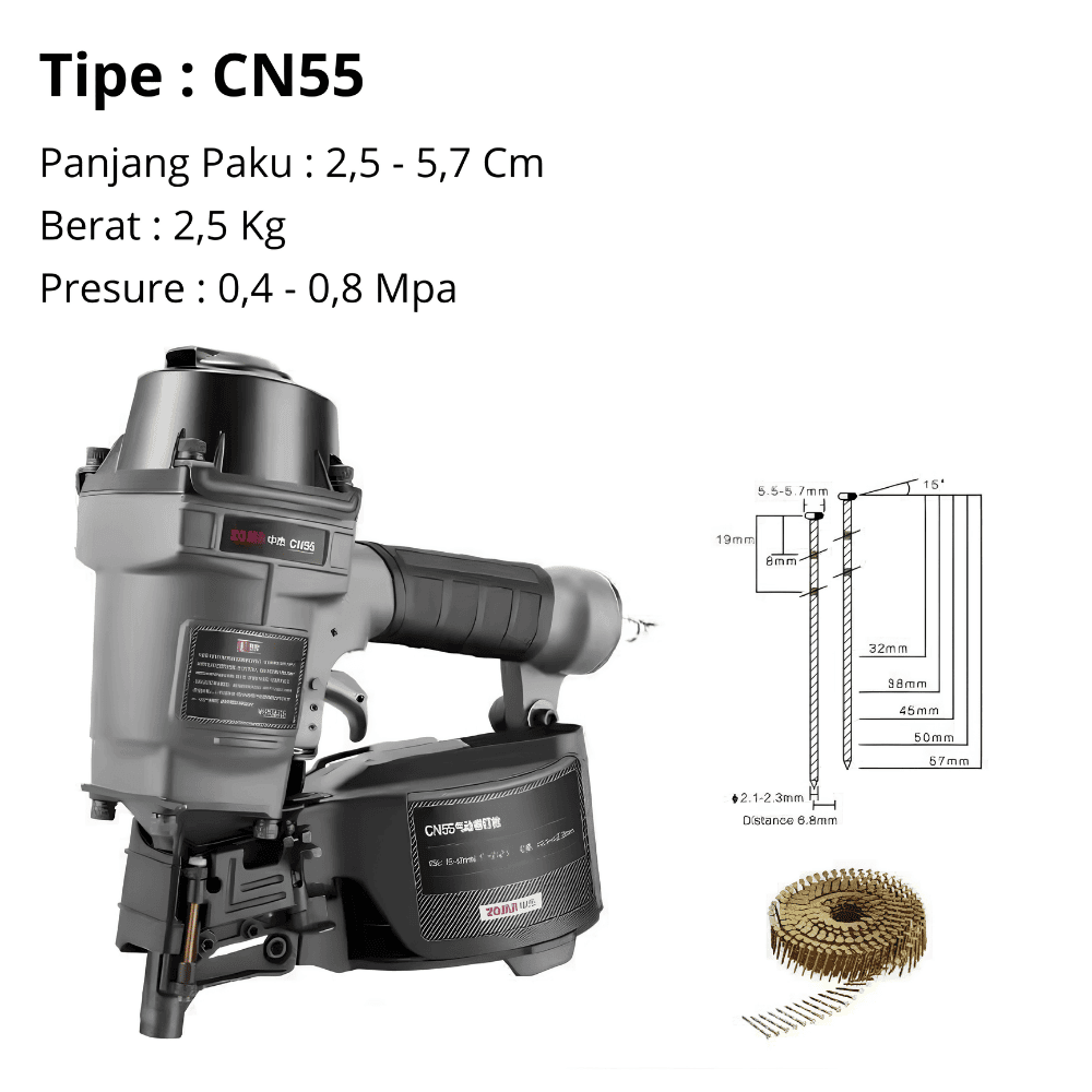 Mesin Paku Tembak Angin Coil Nailer CN55 ZOJAR Paku 25-57mm Peti Palet Kayu - Gambar 2