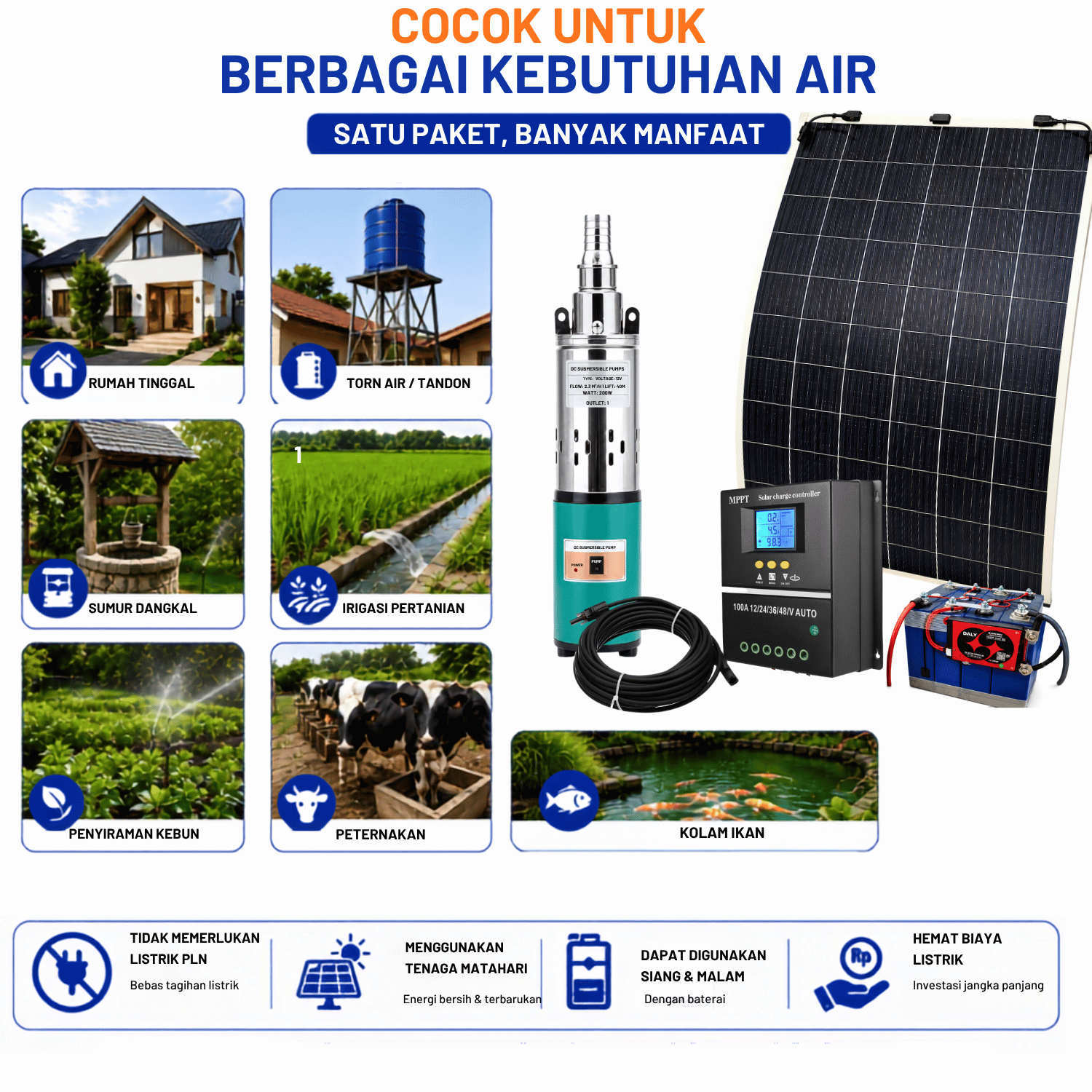 Paket PLTS Pompa Air Tanam DC 12V 250 Watt dengan Solar Panel 300WP Baterai MPPT 100A - Gambar 2