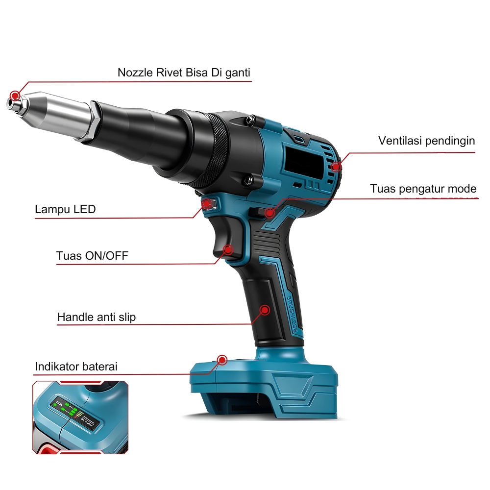 Mesin Tang Rivet Baterai 21 Volt Brushless Set Complete Paku Keling Portable - Gambar 2