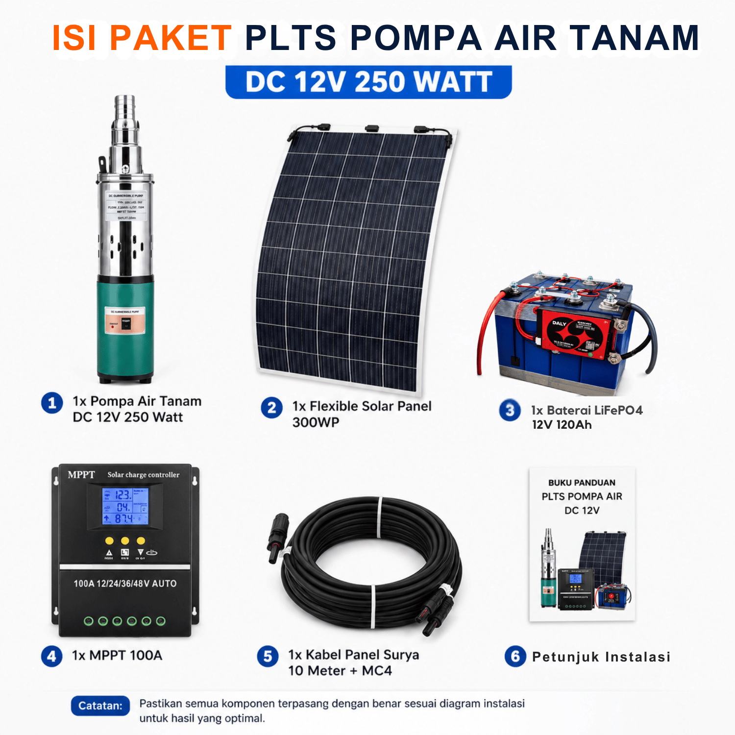 Paket PLTS Pompa Air Tanam DC 12V 250 Watt dengan Solar Panel 300WP Baterai MPPT 100A - Gambar 5
