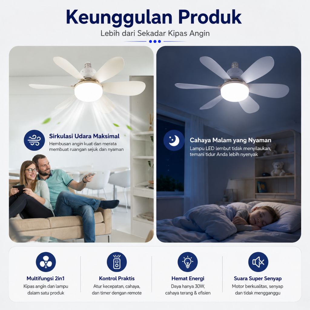 Kipas Angin Lampu Plafon LED Remote Control 30W 40W Kipas Plafon Gantung Hemat Listrik - Gambar 3