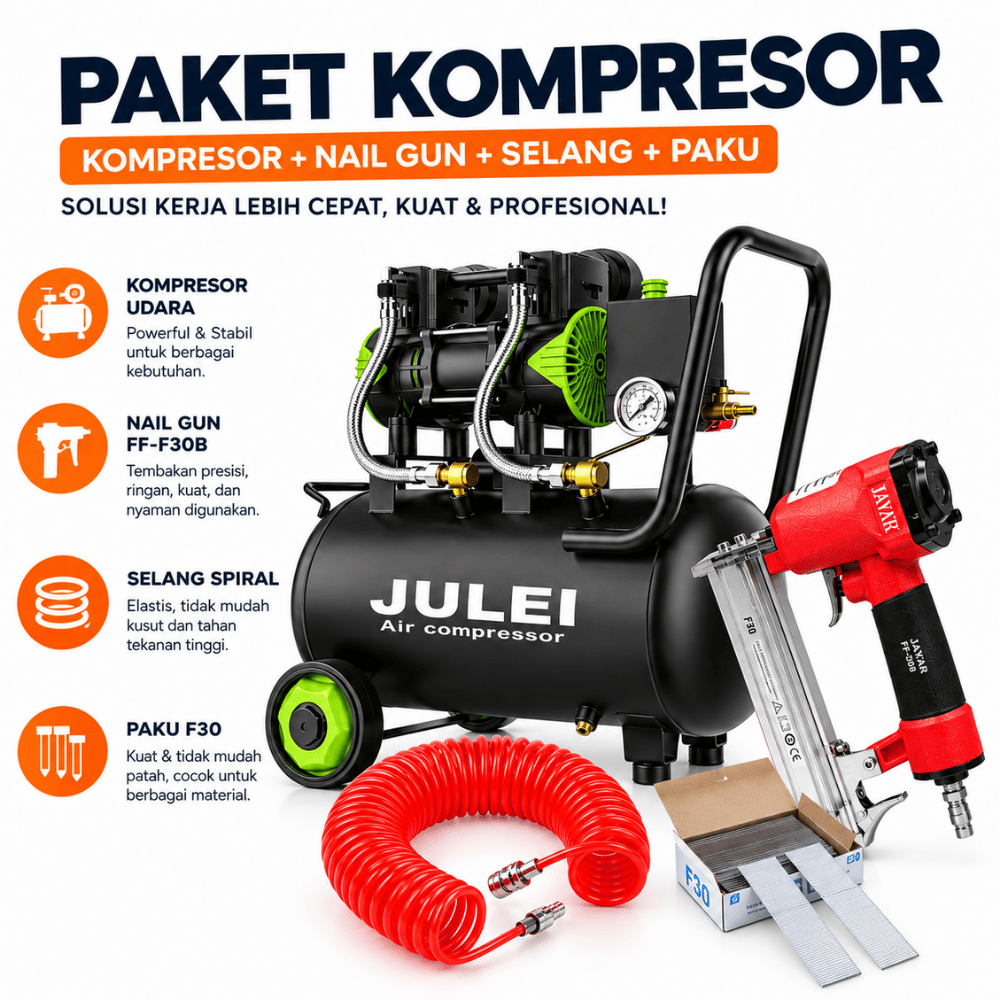 Kompresor Angin 30L Nail Gun F30 Lengkap Selang Spiral 12m & Paku F30 (Paket Pertukangan Kayu) - Gambar 2
