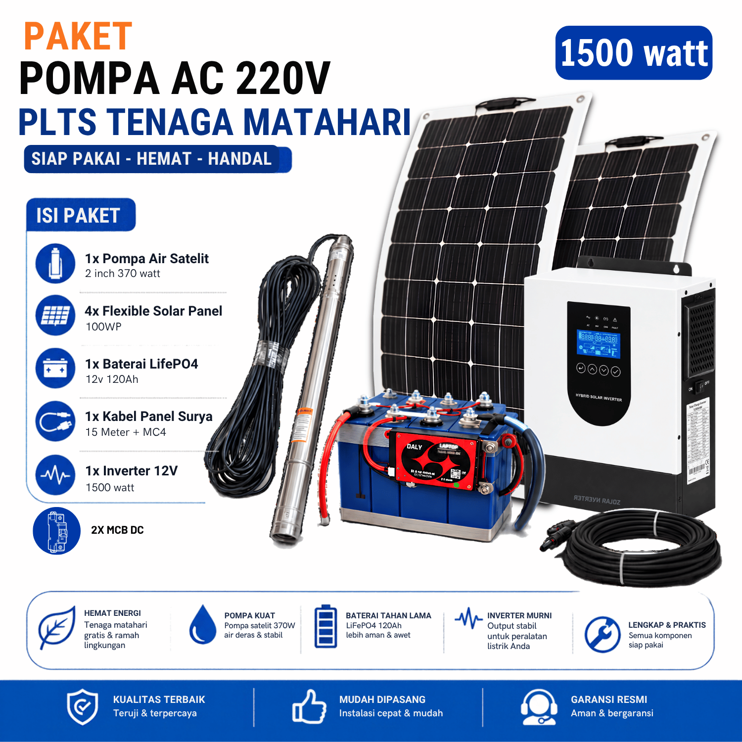 Paket Pompa Air Sibel 2 Inch 370W 220V Inverter Hybrid 1500W PLTS Tenaga Surya - Gambar 2