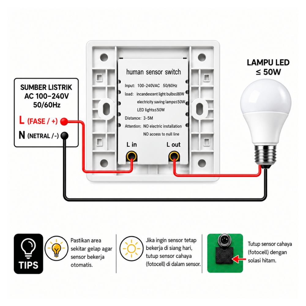 Saklar Dinding Sensor Gerak PIR Otomatis 100-240V AC - Gambar 2