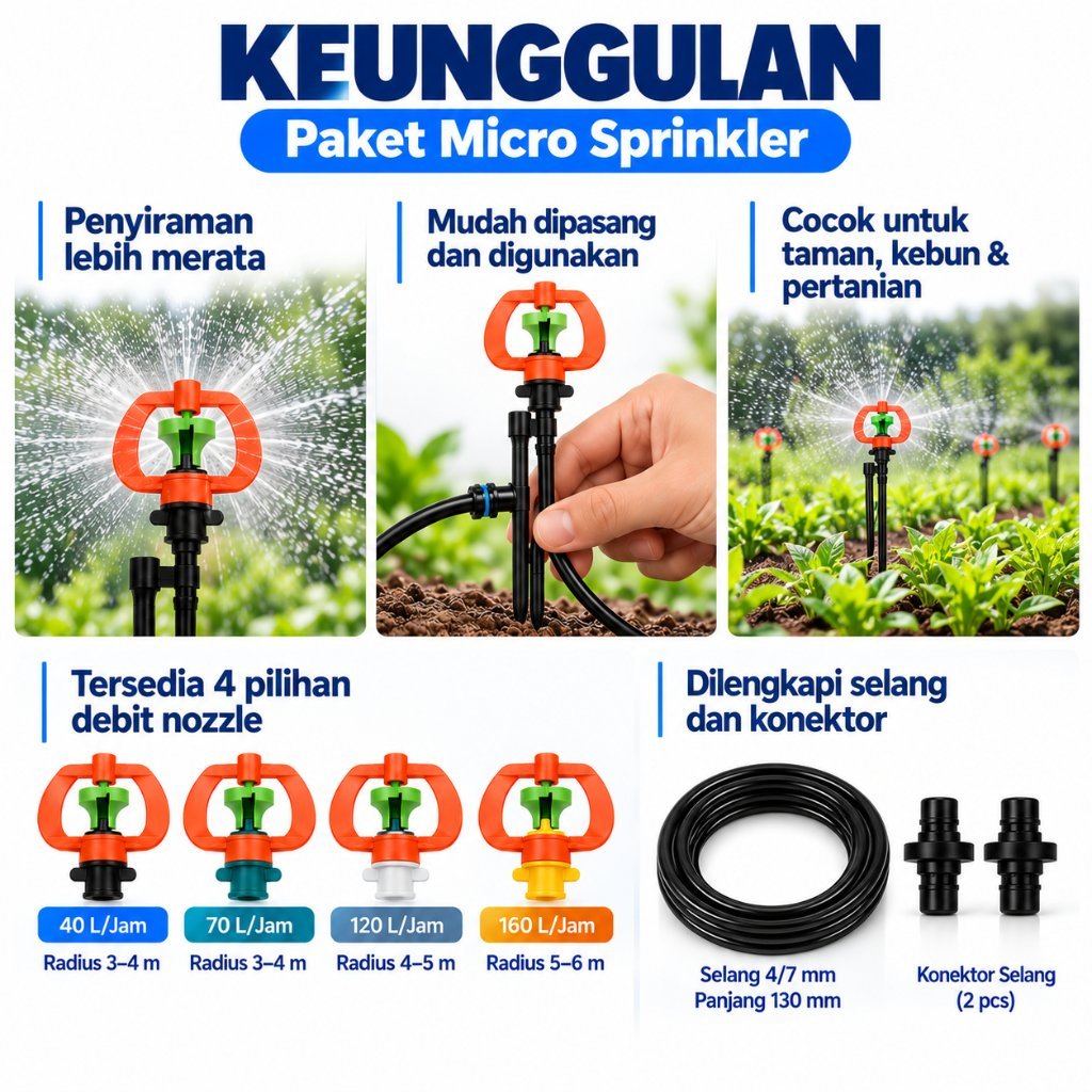 Paket Alat Penyiraman Tanaman Otomatis Sprinkler Micro + Tiang Irigasi 100/120cm Alat Penyiram Tanaman Irigasi - Gambar 3
