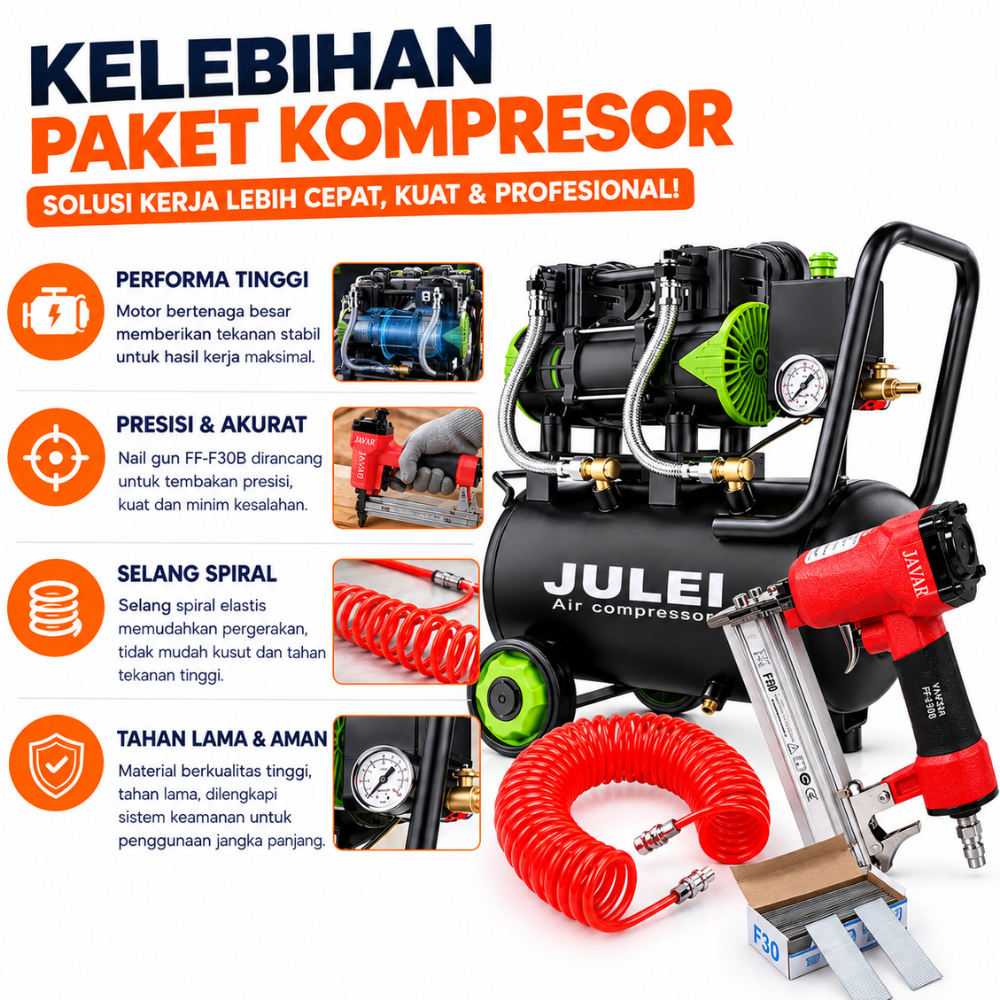 Kompresor Angin 30L Nail Gun F30 Lengkap Selang Spiral 12m & Paku F30 (Paket Pertukangan Kayu) - Gambar 3