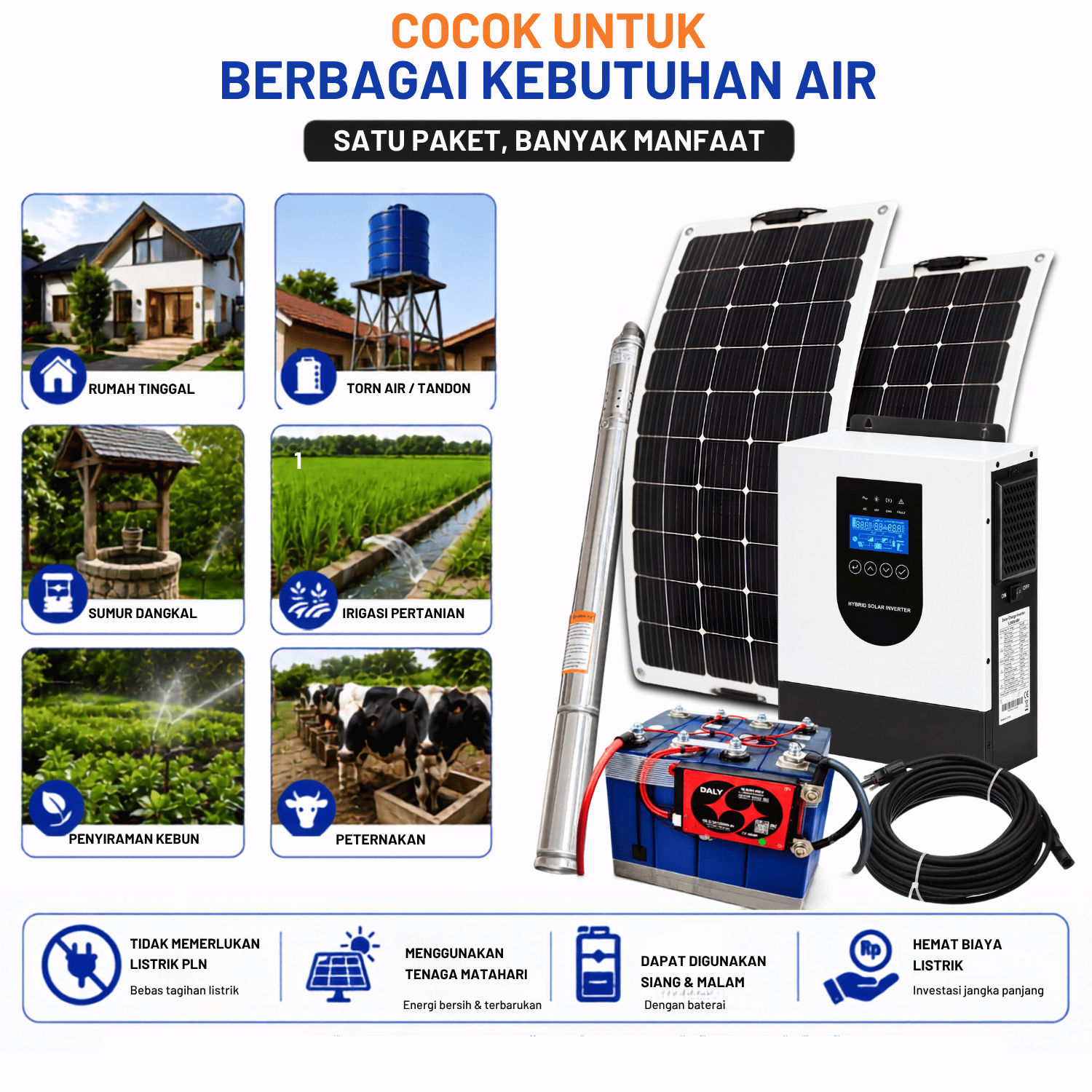 Paket Pompa Air Sibel 2 Inch 370W 220V Inverter Hybrid 1500W PLTS Tenaga Surya - Gambar 3