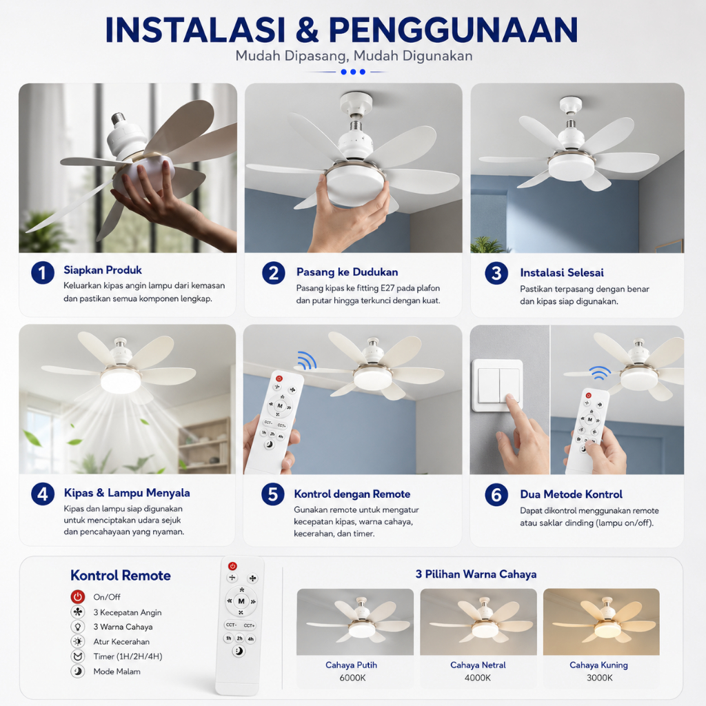 Kipas Angin Lampu Plafon LED Remote Control 30W 40W Kipas Plafon Gantung Hemat Listrik - Gambar 4