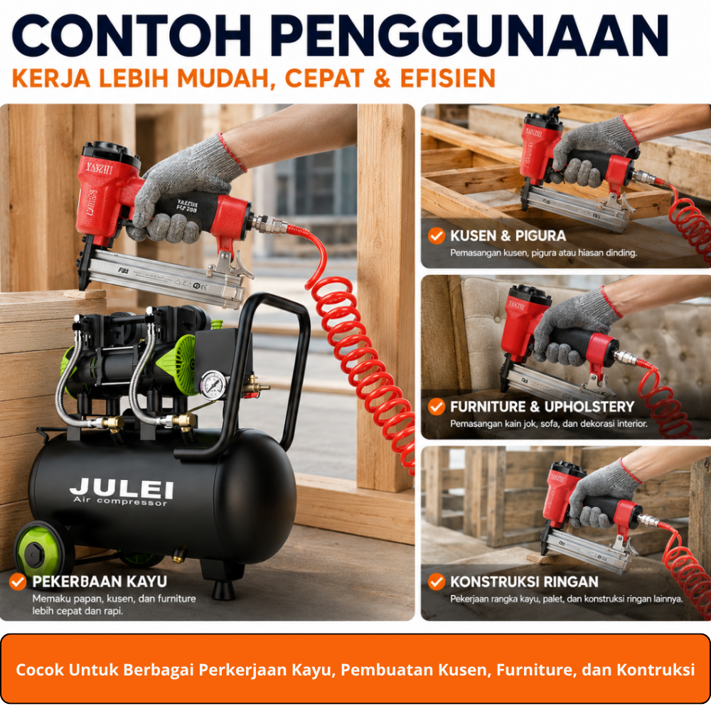 Kompresor Angin 30L Nail Gun F30 Lengkap Selang Spiral 12m & Paku F30 (Paket Pertukangan Kayu) - Gambar 4
