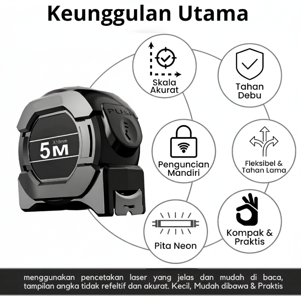 Meteran Ukur 5 Meter Pita Baja Hitam Pengunci Otomatis Auto Lock Meteran Tukang - Gambar 4