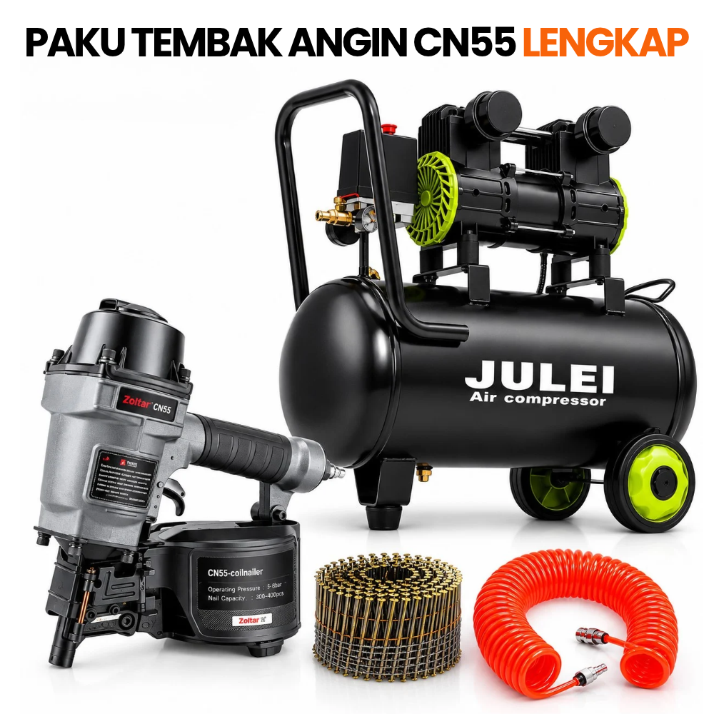 Paku Tembak Angin CN55 Paket Kompresor Selang 12 M Paku Refil Siap Pakai