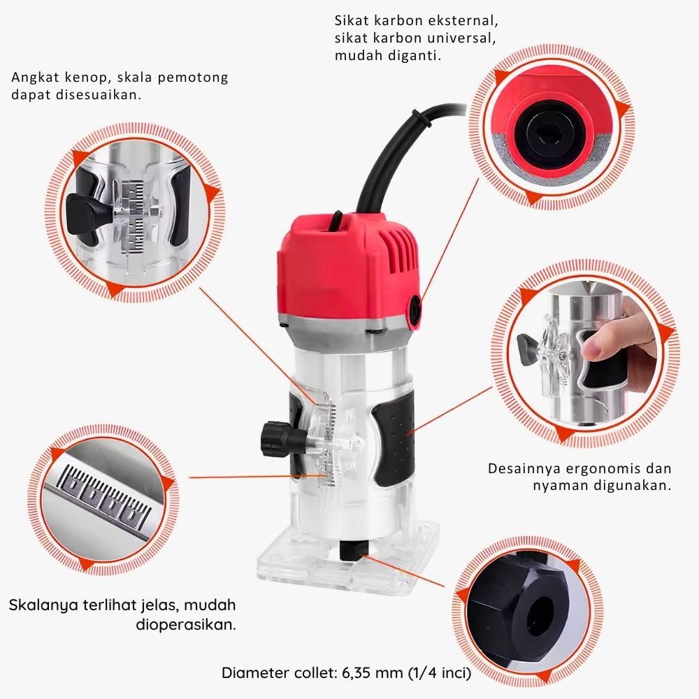Mesin Trimmer Kayu M1P-3701 Profil Profiler Kayu 800W 30000 RPM Collet 1/4 Inch - Gambar 2