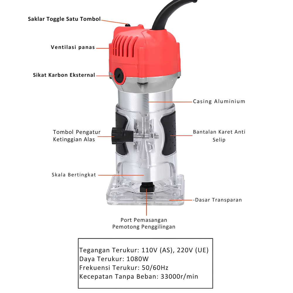 Mesin Trimmer Kayu M1P-3701 Profil Profiler Kayu 800W 30000 RPM Collet 1/4 Inch - Gambar 3