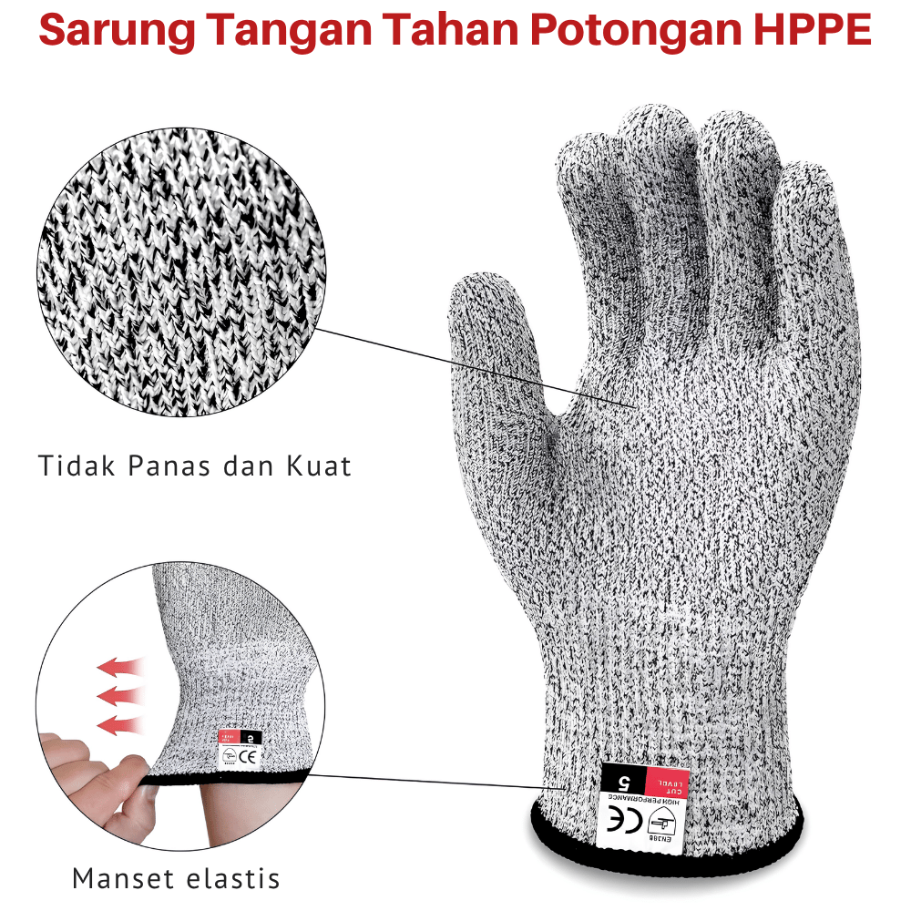 Sarung Tangan Anti Potong Cut Resistant Level 5 HPPE Kerja Proyek Dapur Size M L - Gambar 2