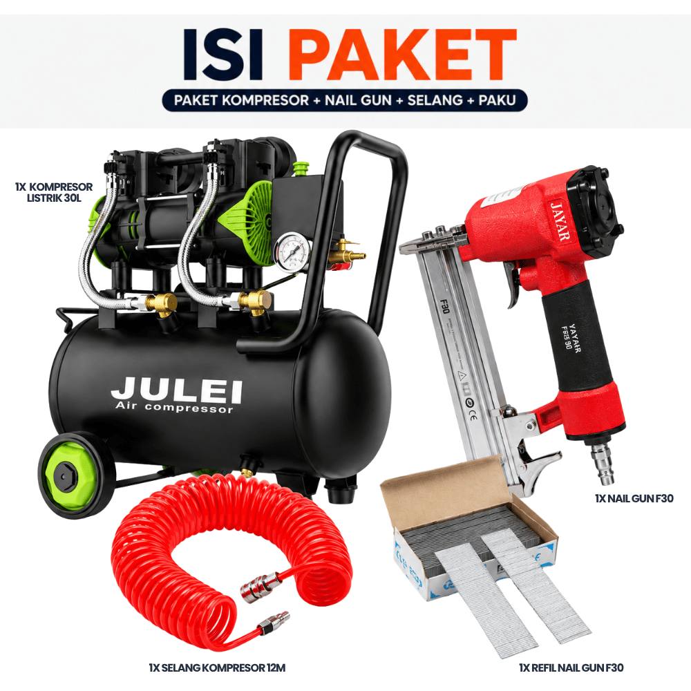 Kompresor Angin 30L Nail Gun F30 Lengkap Selang Spiral 12m & Paku F30 (Paket Pertukangan Kayu) - Gambar 5