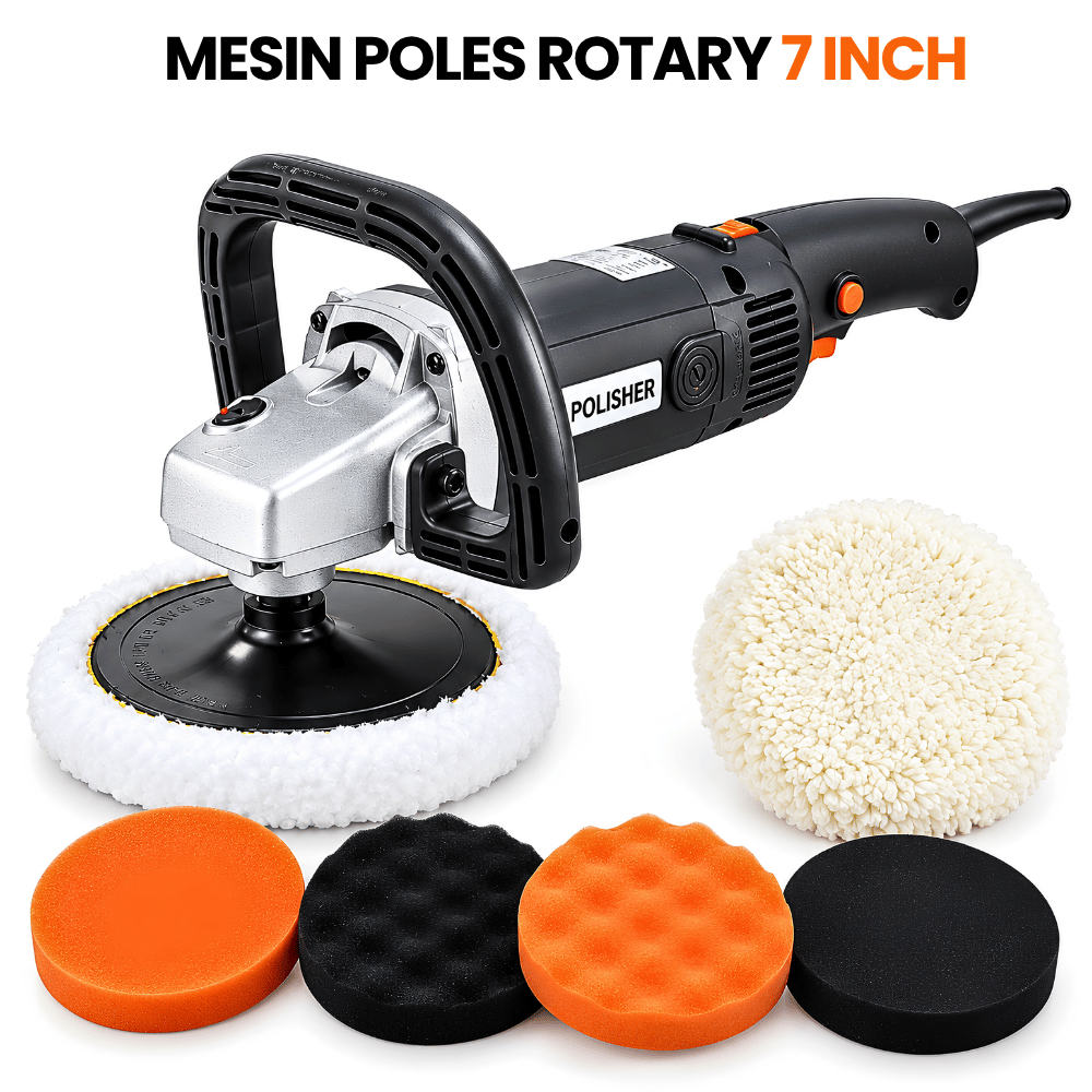 Mesin Poles 7 Inch 1400W Busa Gelombang Rata & Wool Paket Detailing Pemolesan Lengkap