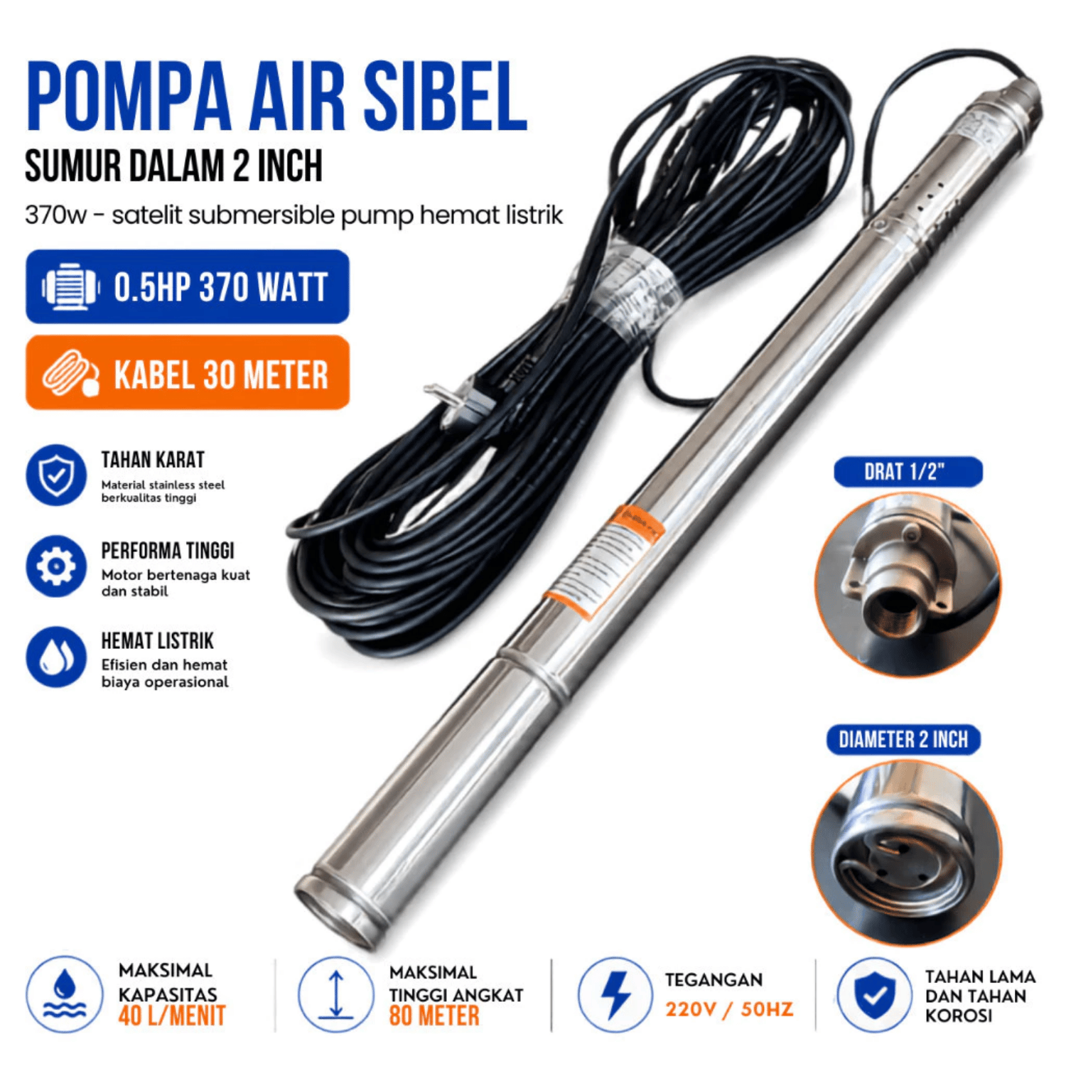 Paket Pompa Air Sibel 2 Inch 370W 220V Inverter Hybrid 1500W PLTS Tenaga Surya - Gambar 6