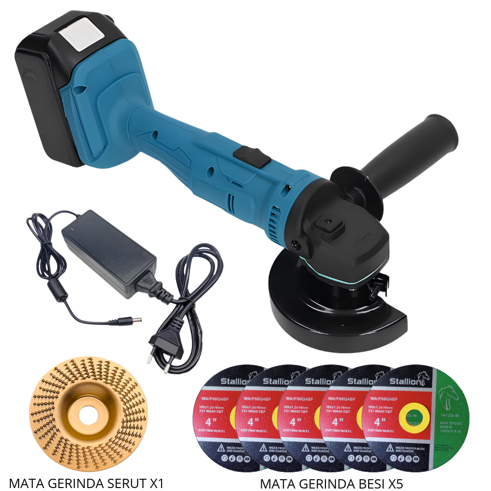 Mesin Gerinda Baterai Cordless 21V 4 Inch Paket Bundling Siap Pakai