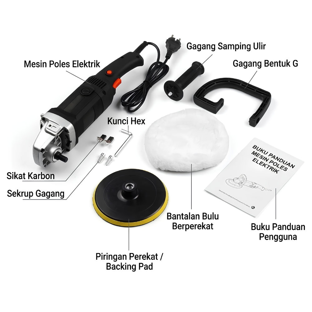 Mesin Poles 7 Inch 1400W Busa Gelombang Rata & Wool Paket Detailing Pemolesan Lengkap - Gambar 2
