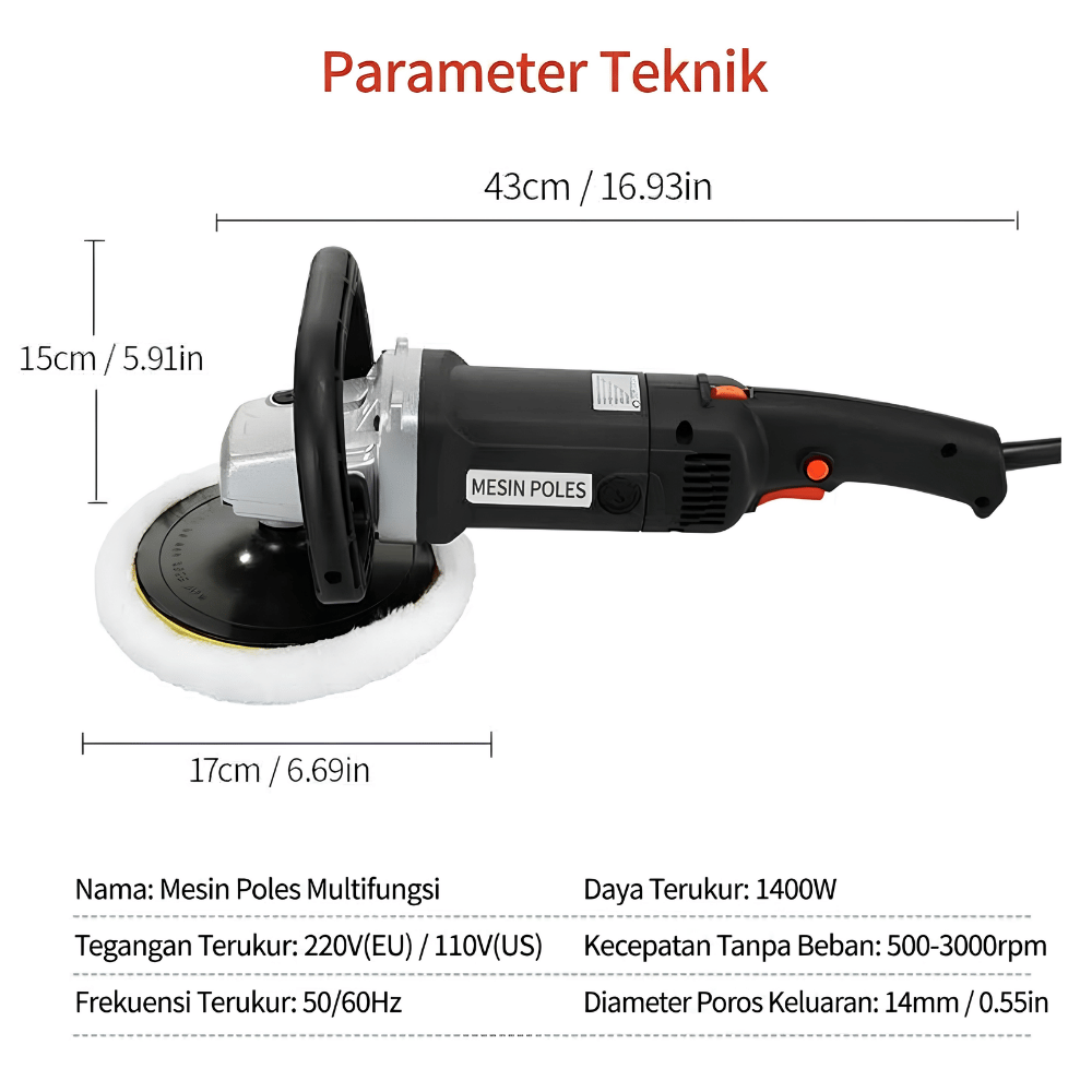 Mesin Poles 7 Inch 1400W Busa Gelombang Rata & Wool Paket Detailing Pemolesan Lengkap - Gambar 3