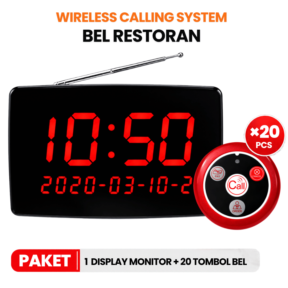 Wireless Calling System Pemanggil Pelayan Paket 1 Display Monitor + 20 Tombol Bel
