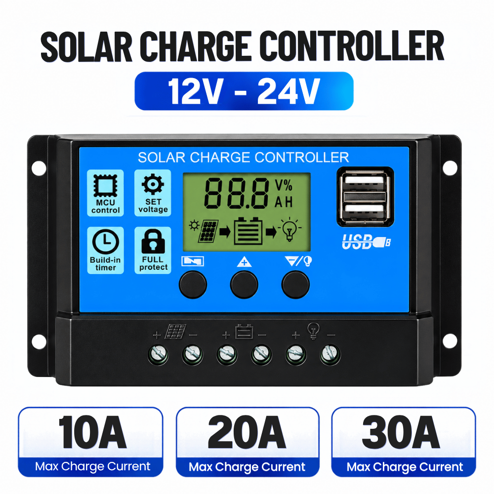Solar Charge Controller 10A 20A 30A PWM 12V 24V LCD USB Dual USB Panel Surya