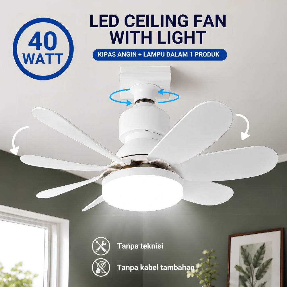 Kipas Angin Lampu Plafon LED Remote Control 30W 40W Kipas Plafon Gantung Hemat Listrik