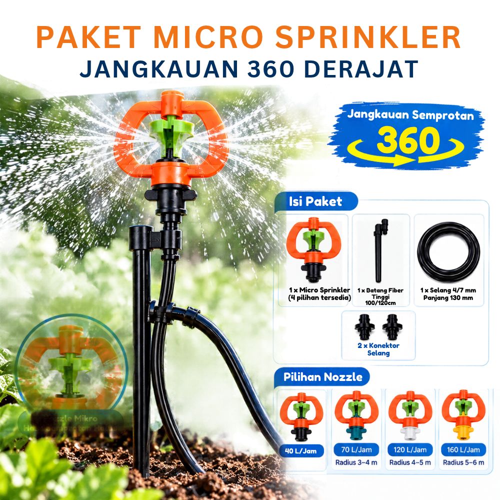 Paket Alat Penyiraman Tanaman Otomatis Sprinkler Micro + Tiang Irigasi 100/120cm Alat Penyiram Tanaman Irigasi