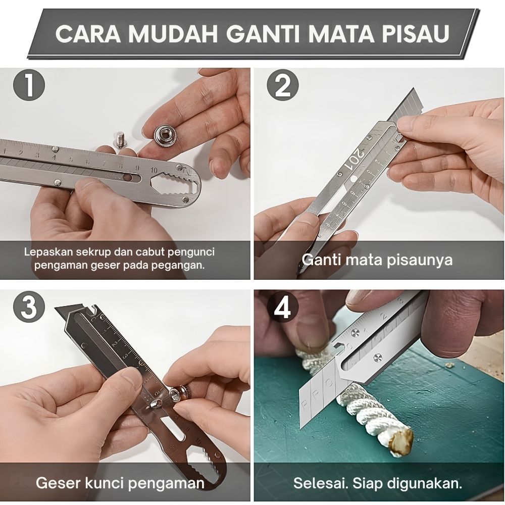 Cutter Stainless Multifungsi 6 in 1 Pisau Pemotong Kertas Pembuka Baut Botol Kaleng - Gambar 5